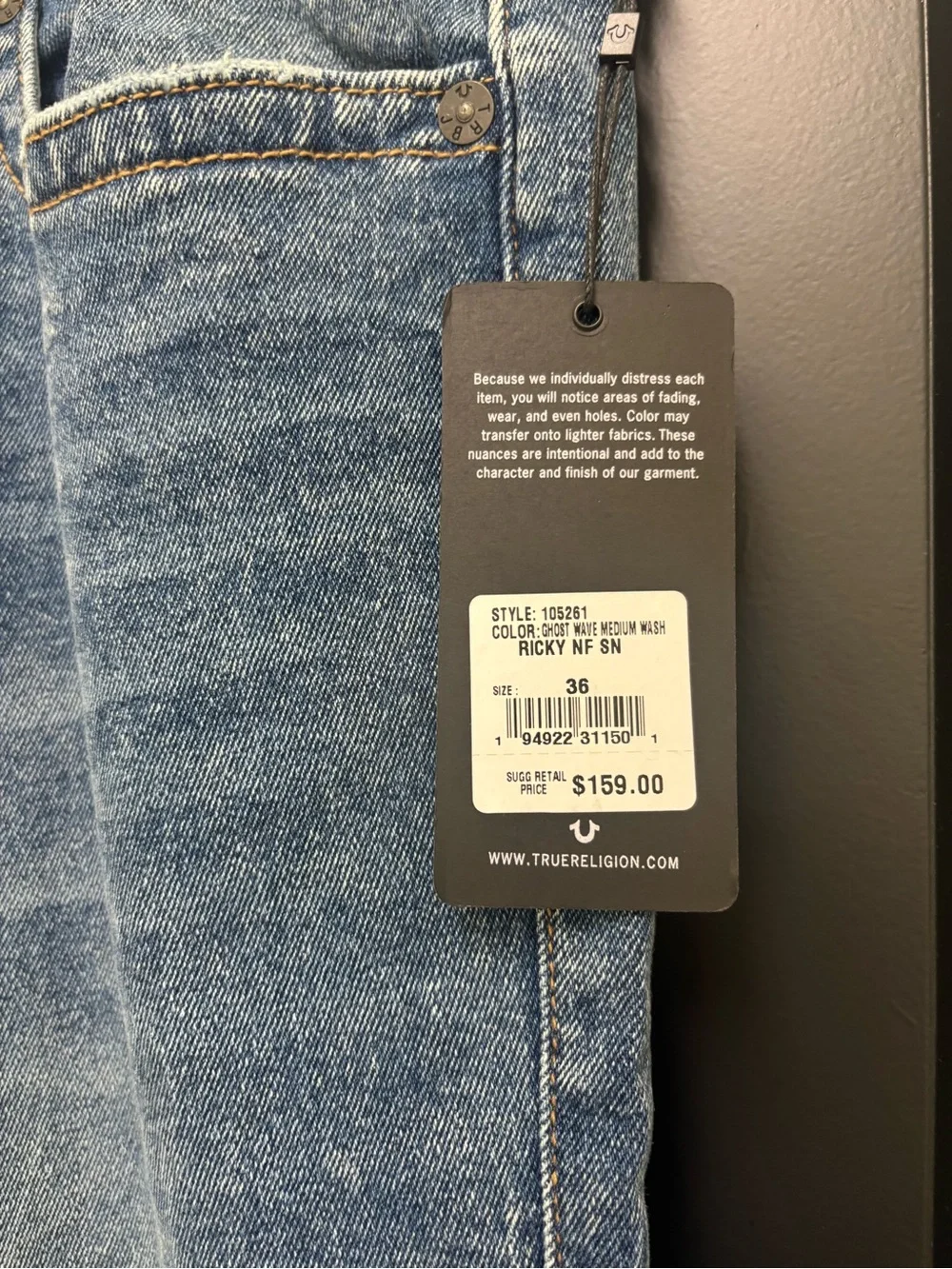 True Religion Ricky Relaxed Straight Jeans Men’s 36 NWT Ghost Wave Medium Wash